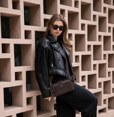 Mocha Lozan Genuine Suede Leather Crossbody Phone Wallet Bag