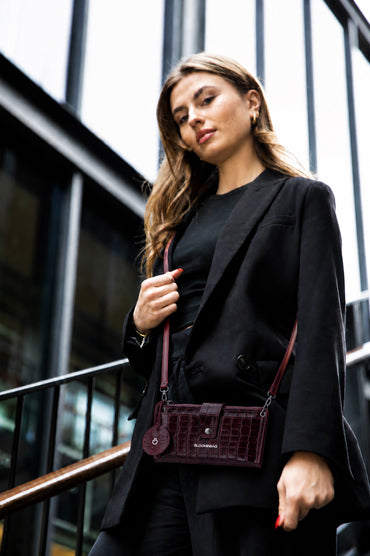 Burgundy Croco Lozan Genuine Suede Leather Crossbody Phone Wallet Bag