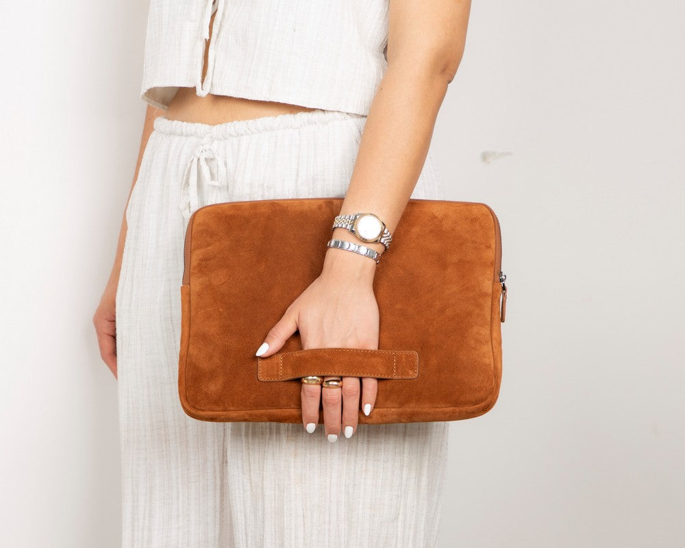Camel Still Genuine Suede Leather 13-14 Inch MacBook & Laptop Sleeve