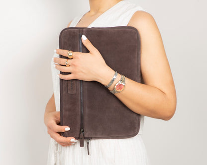 Mocha Still Genuine Suede Leather 15-16 Inch MacBook & Laptop Sleeve
