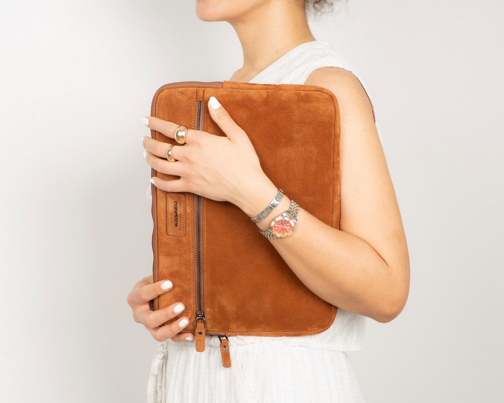 Camel Still Genuine Suede Leather 15-16 Inch MacBook & Laptop Sleeve