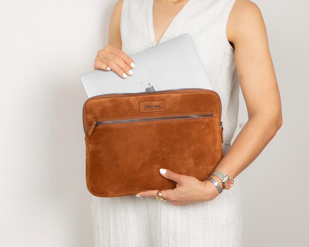 Camel Still Genuine Suede Leather 15-16 Inch MacBook & Laptop Sleeve