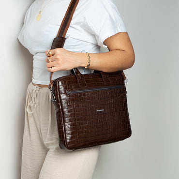 Mocha Croco Still Genuine Suede Leather 15-16 Inch MacBook & Laptop Bag
