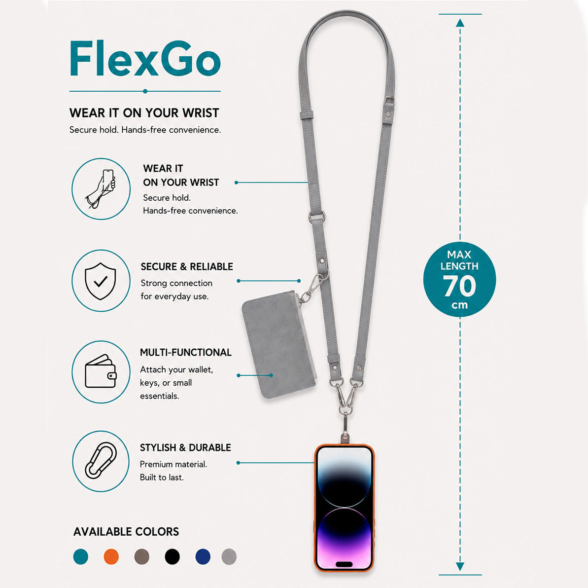 FlexGo PU Leather Phone Strap & Wallet Set – Clip-On Flex