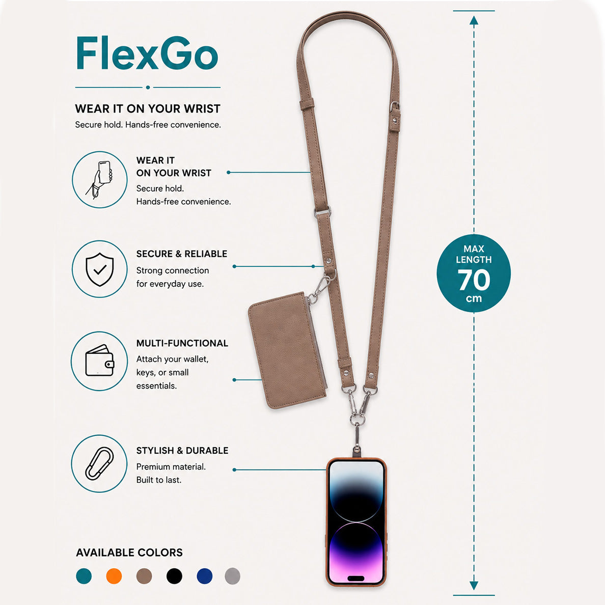 FlexGo PU Leather Phone Strap & Wallet Set – Clip-On Flex