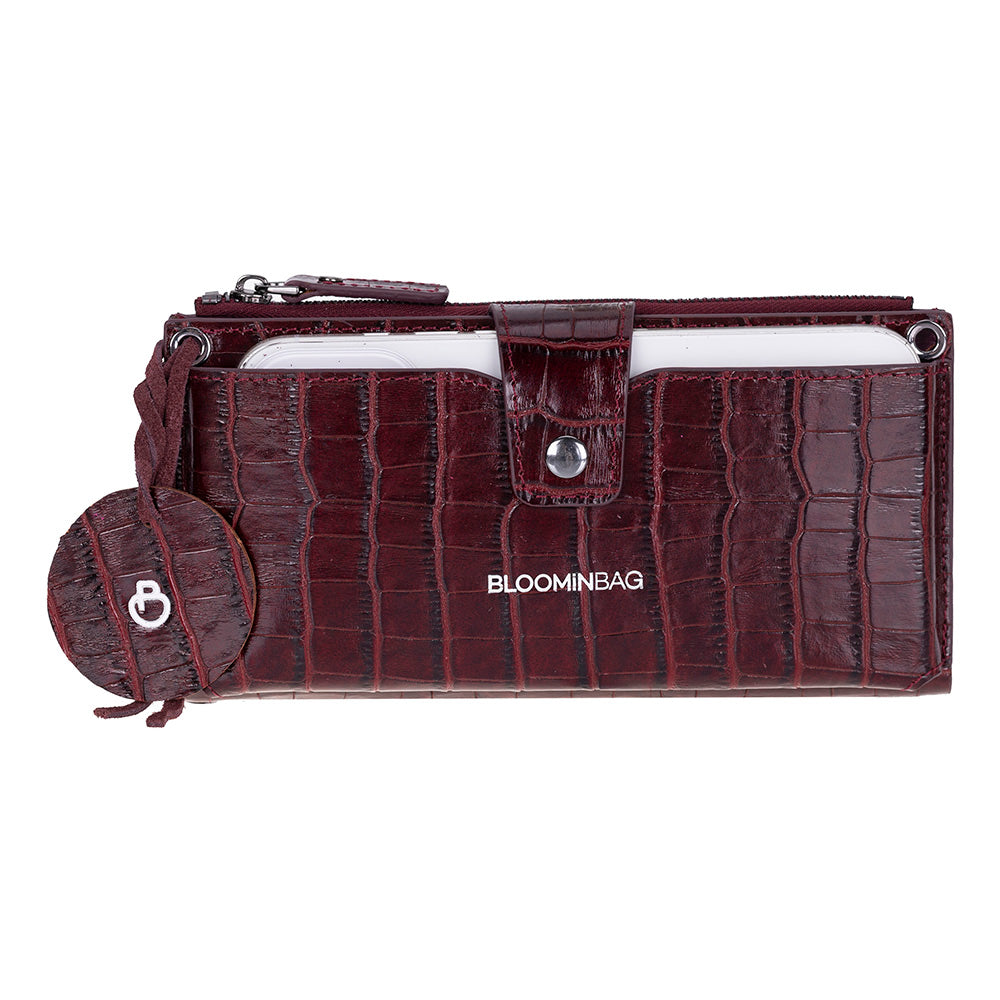Burgundy Croco Lozan Genuine Suede Leather Crossbody Phone Wallet Bag