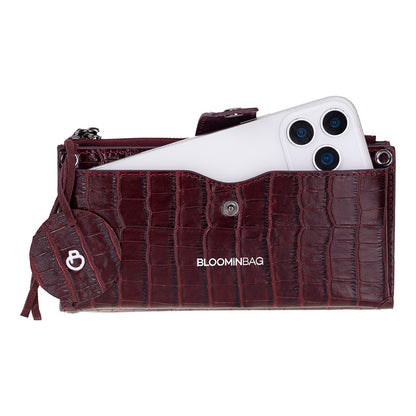 Burgundy Croco Lozan Genuine Suede Leather Crossbody Phone Wallet Bag