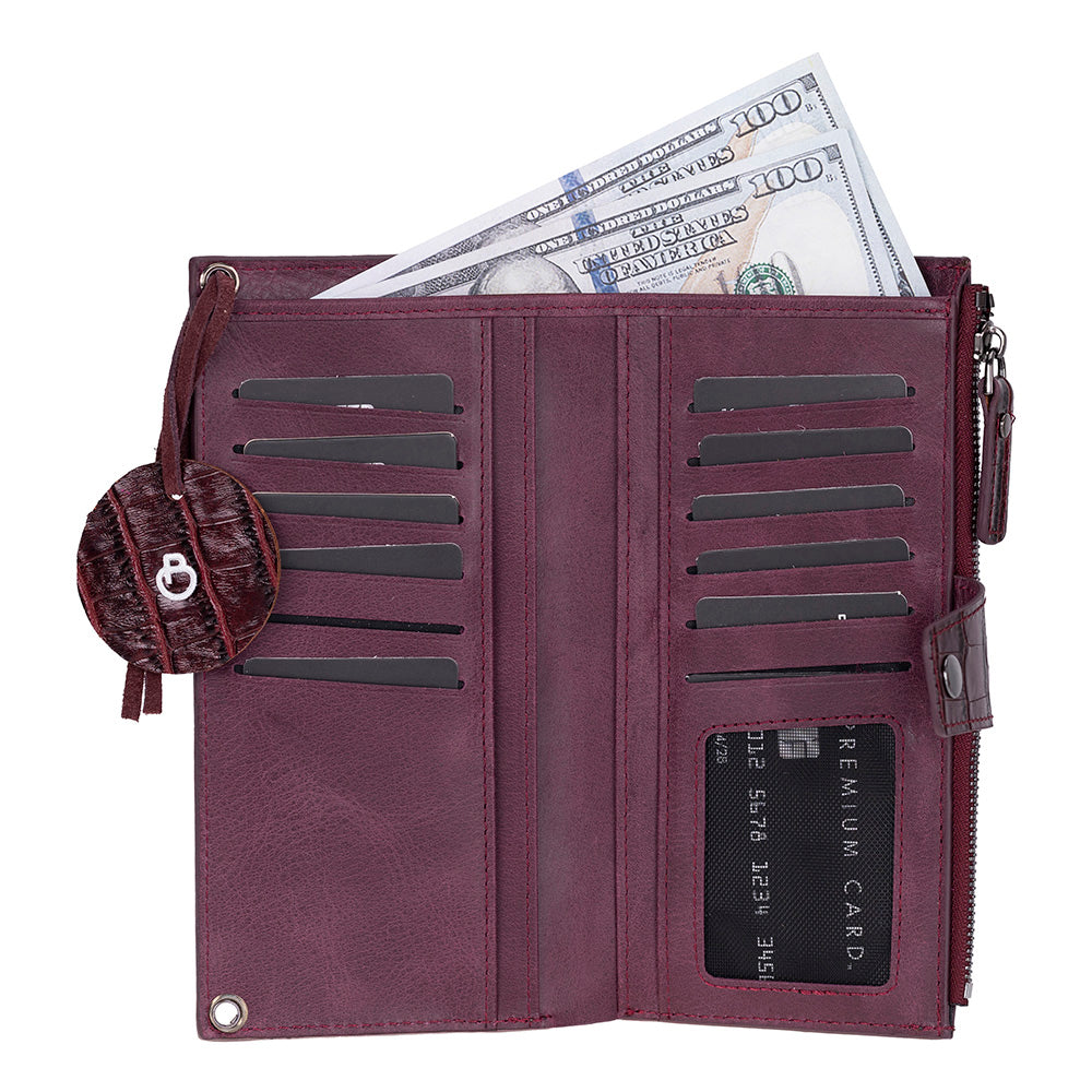 Burgundy Croco Lozan Genuine Suede Leather Crossbody Phone Wallet Bag