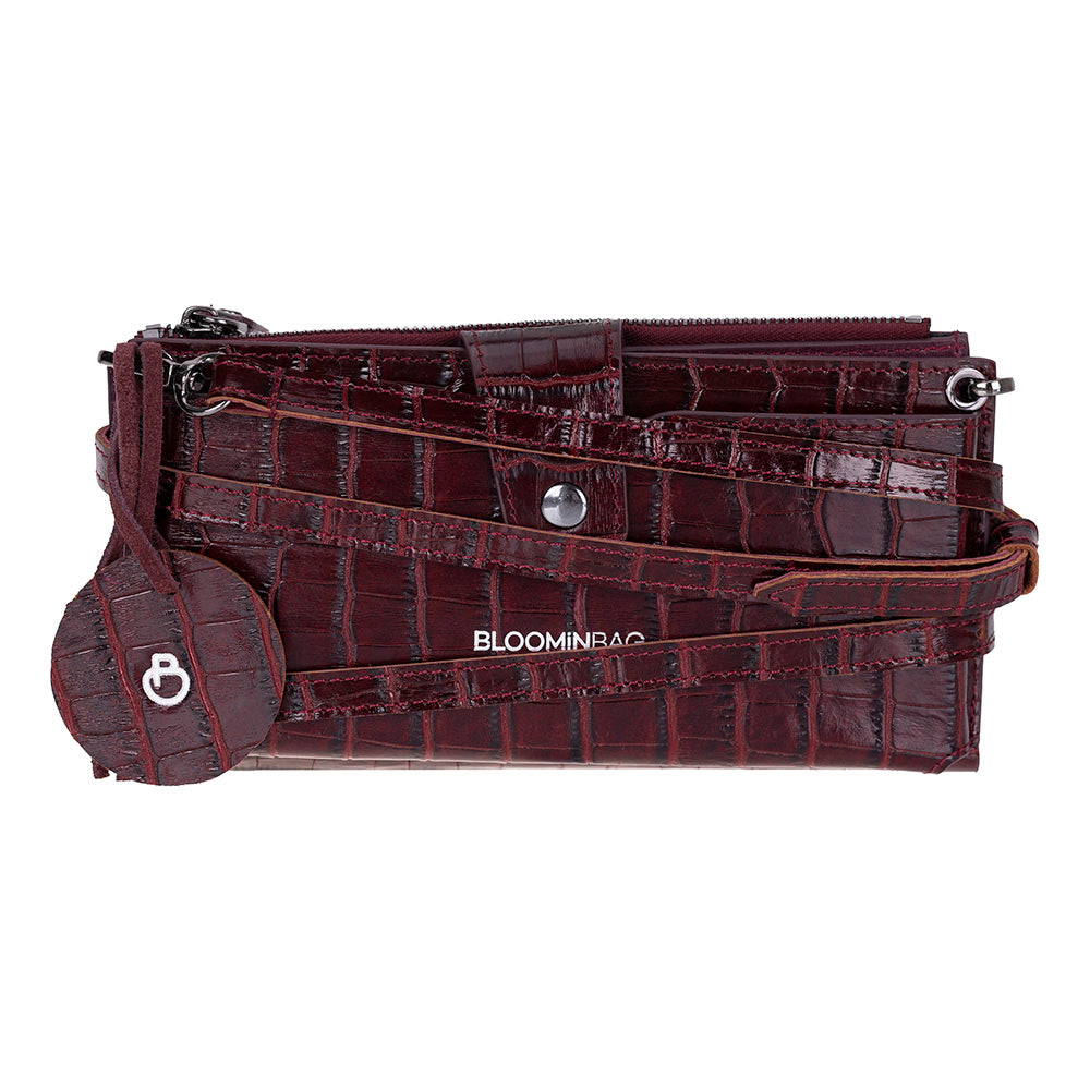 Burgundy Croco Lozan Genuine Suede Leather Crossbody Phone Wallet Bag