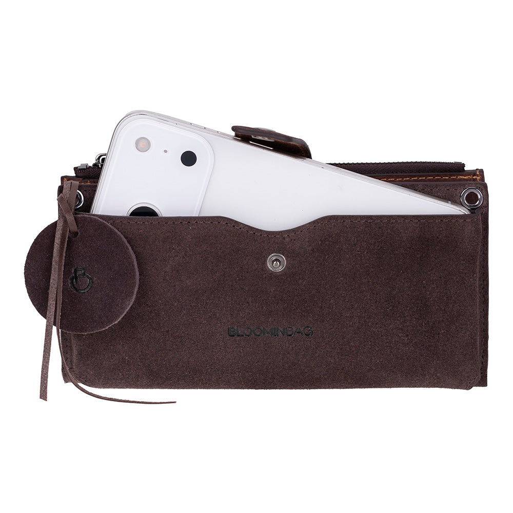 Mocha Lozan Genuine Suede Leather Crossbody Phone Wallet Bag