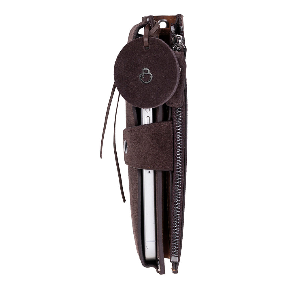 Mocha Lozan Genuine Suede Leather Crossbody Phone Wallet Bag