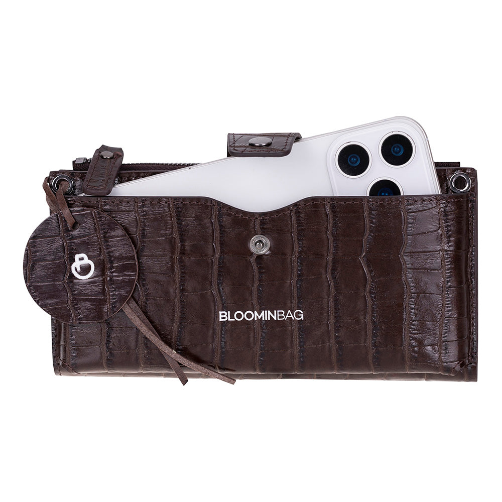 Mocha Croco Lozan Genuine Leather Crossbody Phone Wallet Bag