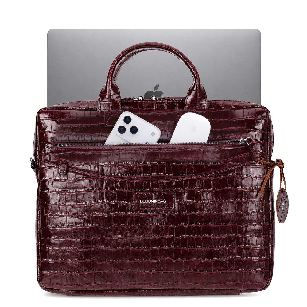 Burgundy Croco Still Genuine Suede Leather 15-16 Inch MacBook & Laptop Bag