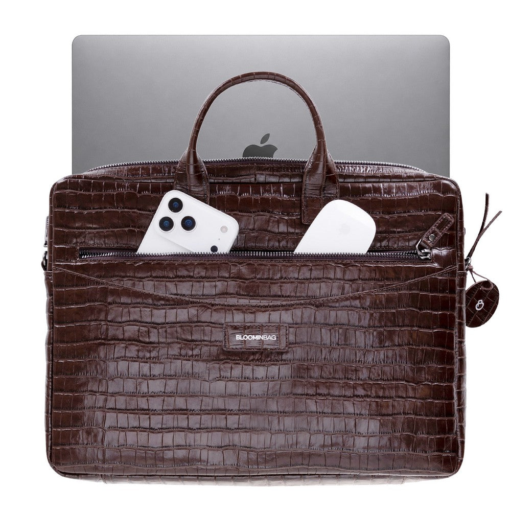 Mocha Croco Still Genuine Suede Leather 13-14 Inch MacBook & Laptop Bag