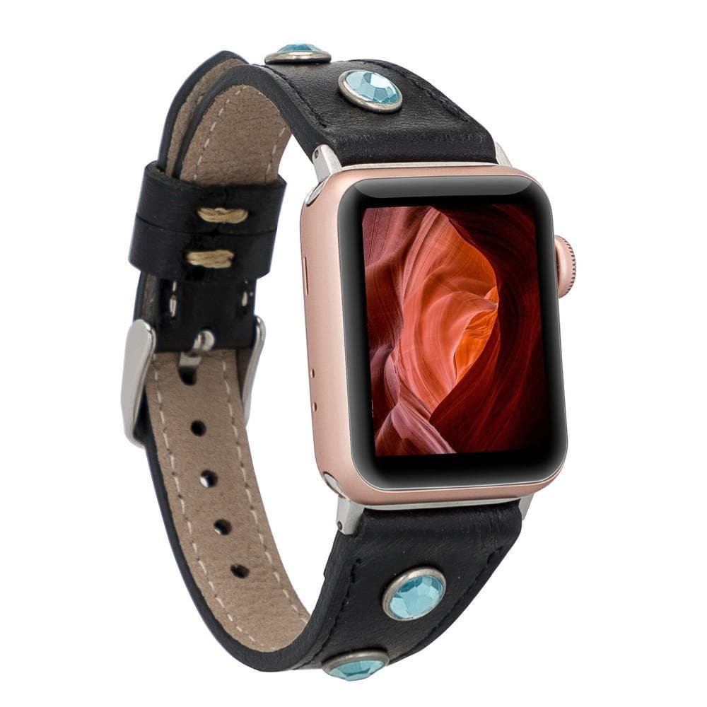 Leather Apple Watch Bands - Clasic Slim Style RST1 Solitaire Taşlı