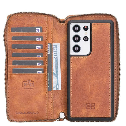 Bouletta Detachable Leather Zipper Wallet Cases for Samsung Galaxy S21 Series S21 Ultra / Tan